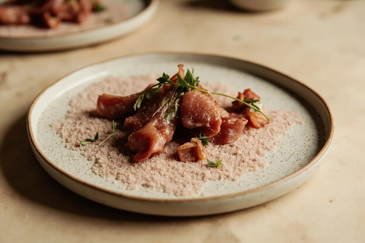 Curing Salt (Pink Salt) in its element — bacon and pancetta. Adventurous crossover: cured lamb leg (prosciutto di agnello) — Less common outside Italy and the Basque Country, but lamb's higher myoglobin content means nitrite cures produce an even more vivid rose-red than pork, with a richer mineral flavor..