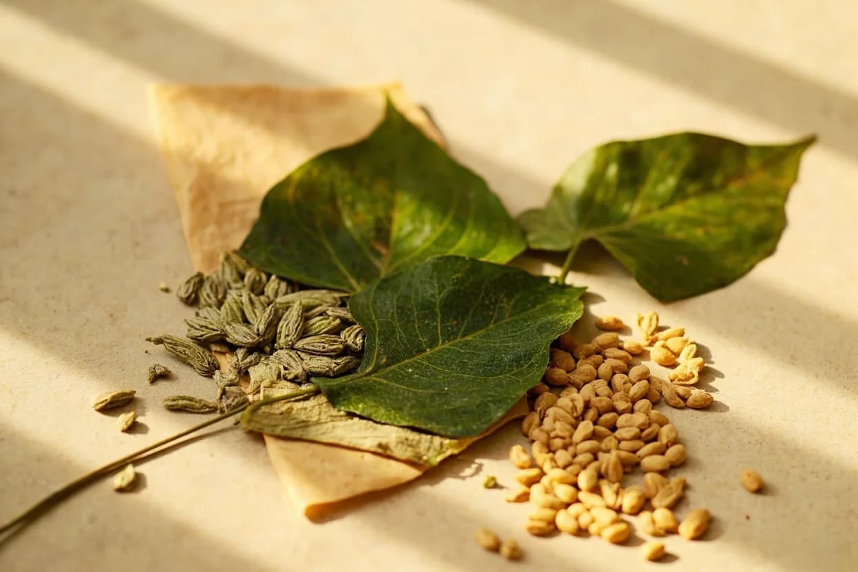 Curry Leaf paired with Mustard seeds (South Indian) — the canonical affinity made visible. The canonical tempering duo of South Indian cooking: mustard seeds crackle in hot oil first, then curry leaves are added, creating an aromatic bloom that forms the base of dals, chutneys, and rice dishes.