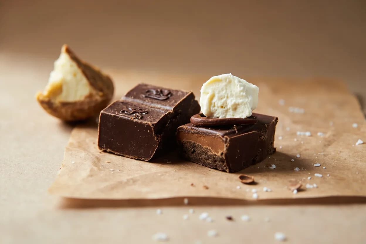 Dark Chocolate paired with Heavy cream (French patisserie) — the canonical affinity made visible. The fat in cream dissolves cocoa butter and suspends cacao solids into a smooth ganache — the most fundamental chocolate application.