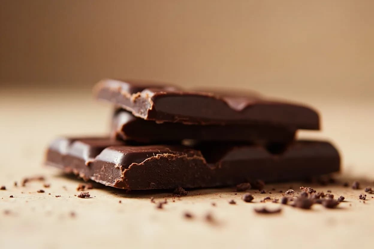 Dark Chocolate in its natural form. Dark chocolate contains 50–99% cacao solids (cocoa mass, cocoa butter, minimal sugar) with no added milk solids. Tasting profile: bitter cocoa, dark fruit (black cherry, dried plum), roasted nuttiness, earthy minerality.