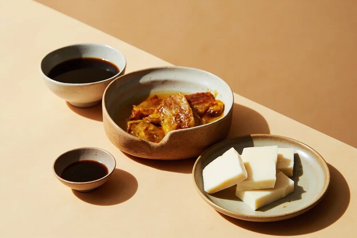 Dashi paired with Miso (Japanese) — the canonical affinity made visible. Miso dissolved in dashi is the most ubiquitous pairing in Japanese cooking; the fermented richness of miso floats on the clean umami broth, each amplifying the other.