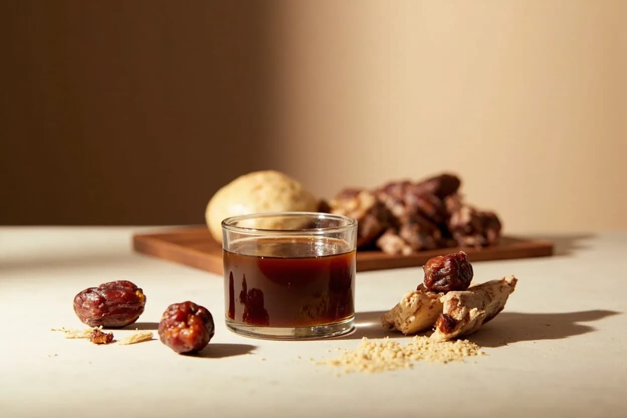 Date Syrup paired with Tahini (Levantine) — the canonical affinity made visible. The most iconic pairing in Levantine cuisine: date syrup poured over thick tahini (dibs wa tahini) is eaten with flatbread for breakfast across Jordan, Palestine, Lebanon, and Syria.
