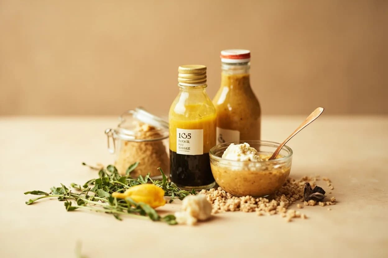 Dijon Mustard paired with red wine vinegar (French) — the canonical affinity made visible. The duo that defines sauce vinaigrette — mustard emulsifies oil and vinegar while matching its tartness.