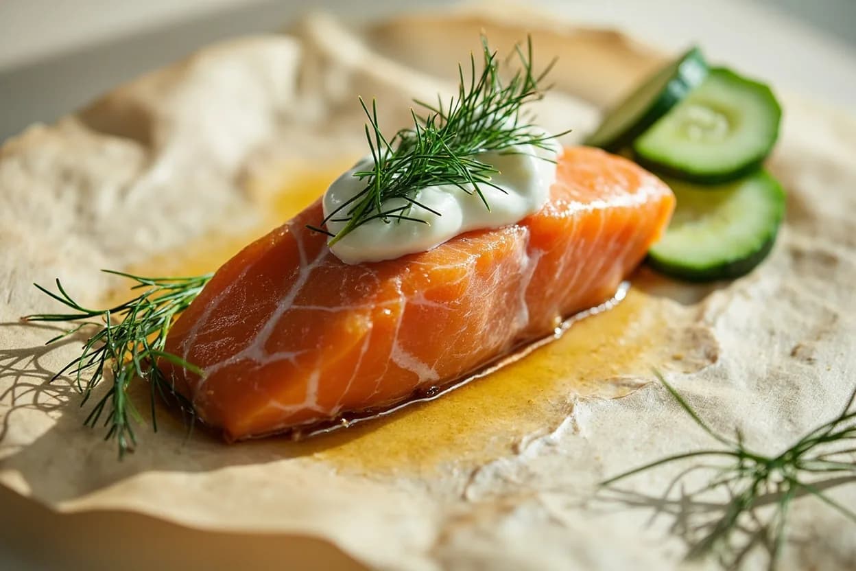 Dill paired with salmon (Scandinavian) — the canonical affinity made visible. The defining partnership: dill's fresh anise note balances salmon's fat and iron richness in gravlax, dill butter, and cream sauces — an almost chemical-level compatibility.