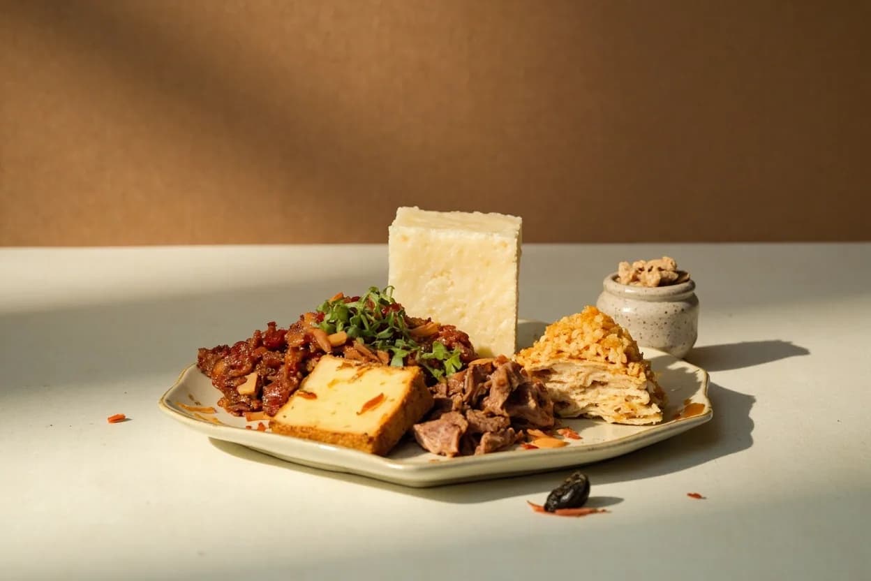 Doubanjiang paired with Silken tofu (doufu) (Sichuan, Chinese) — the canonical affinity made visible. Mapo tofu is the defining recipe — silken tofu's neutral, quivering delicacy absorbs the doubanjiang-based sauce utterly; without the paste, mapo tofu does not exist.