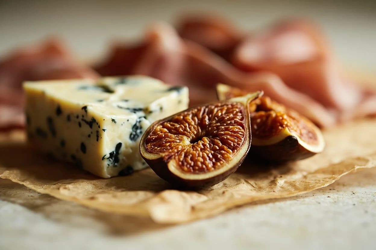 Dried Figs paired with Blue cheese (Roquefort, Gorgonzola, Stilton) (European cheese culture) — the canonical affinity made visible. The canonical pairing — fig's honey sweetness is the only thing powerful enough to balance a strong blue's ammoniac funk and pungent fat; served together on cheese boards worldwide.