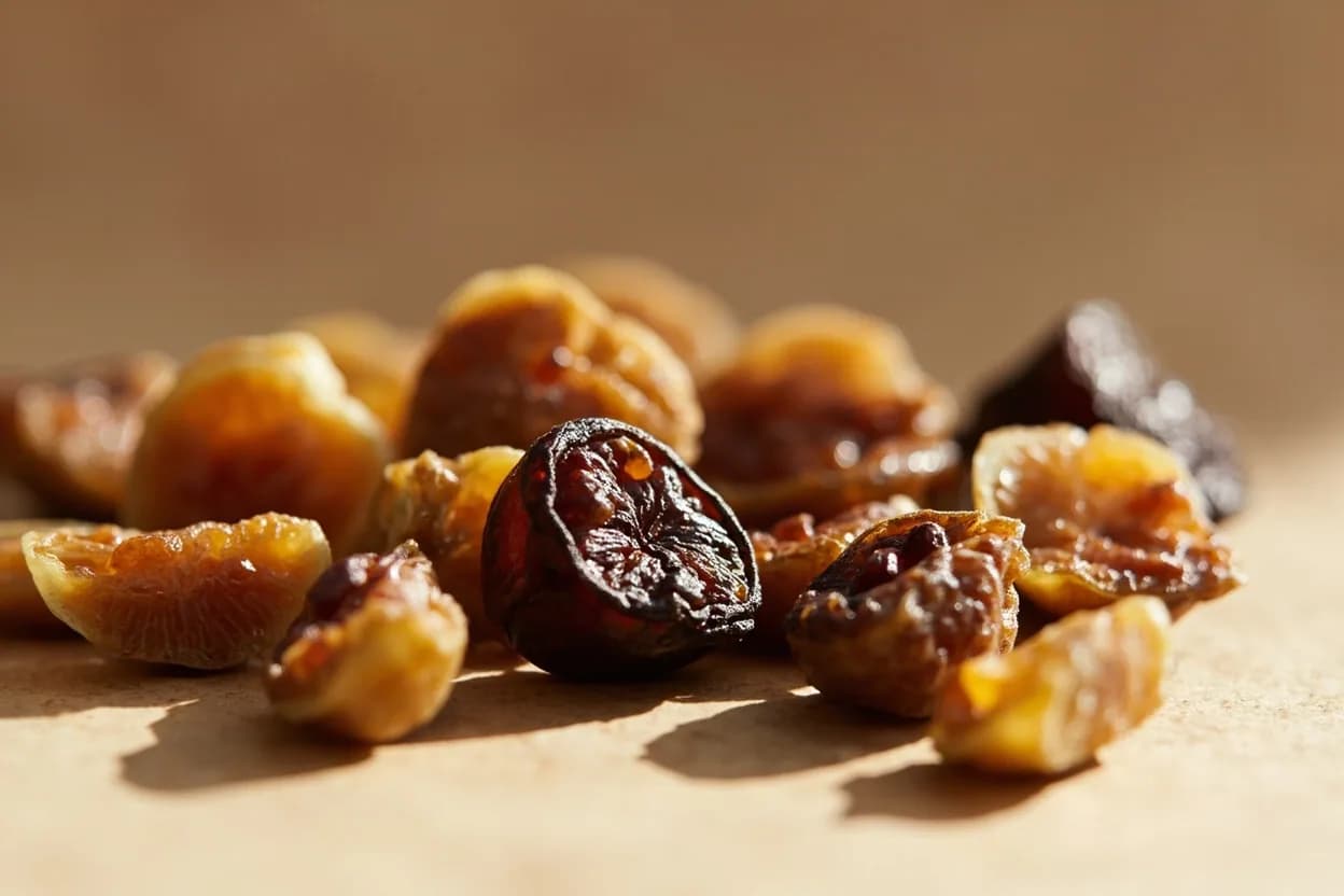 Dried Figs in its natural form. Dried figs are fully ripe figs — most commonly Black Mission, Calimyrna (Smyrna), or Turkish varieties — dried until their moisture drops to roughly 20–30%, concentrating natural sugars (primarily gl… Tasting profile: honey and caramel sweetness, jammy dark berry (blackberry, plum), earthy, faintly musky undertone, wine-like, slightly fermented finish.