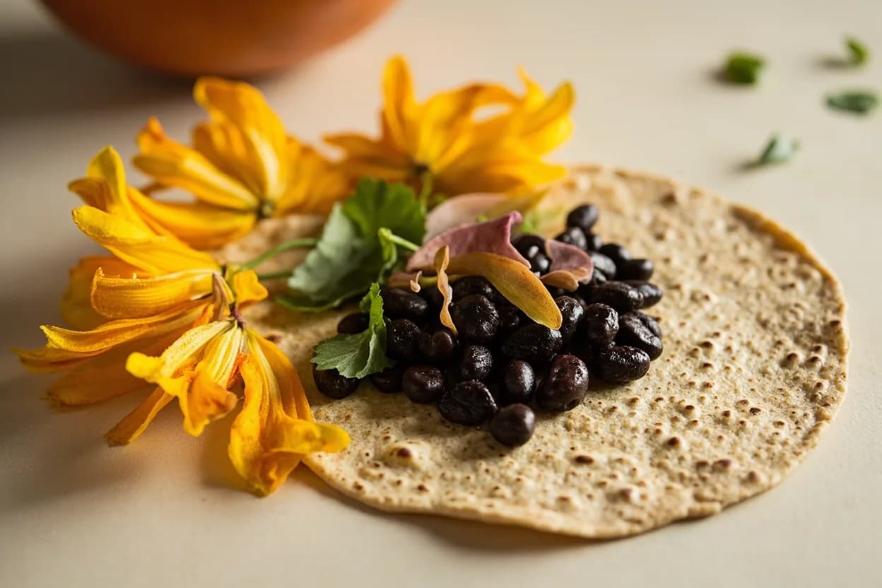 Epazote paired with Black beans (Mexican) — the canonical affinity made visible. The most canonical pairing in Mexican cooking: a sprig of epazote simmered with black beans is so standard it is nearly mandatory.