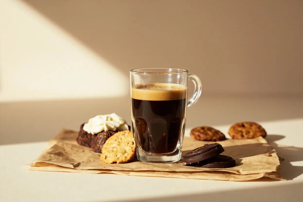 Espresso paired with Dark chocolate (Italian / French confectionery) — the canonical affinity made visible. The canonical confectionery pairing — espresso's bitterness and roast amplify cacao's own bitterness and bring its fruit notes forward.