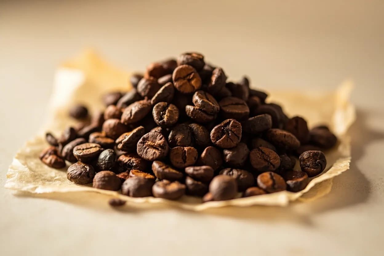 Espresso in its natural form. Espresso is coffee brewed by forcing near-boiling water (90–96°C) through finely ground, densely packed roasted coffee at 9 bars of pressure in 25–30 seconds. Tasting profile: bitter roast (chlorogenic lactones, pyrazines), dark chocolate and cocoa, dried dark fruit (cherry, plum, fig) at lighter roasts, caramel and brown sugar.
