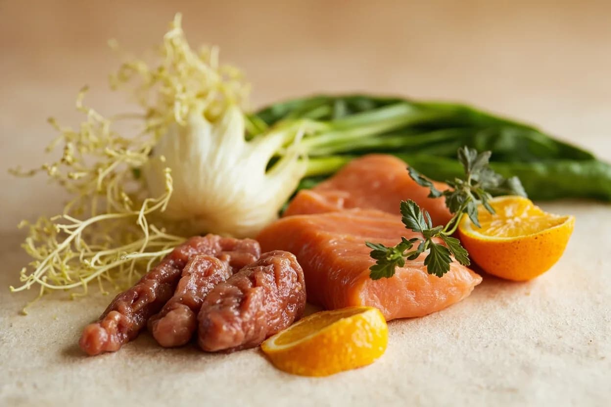 Fennel paired with Orange (blood orange or navel) (Italian (Sicilian)) — the canonical affinity made visible. Shaved raw fennel with orange segments is one of southern Italy's defining salads.