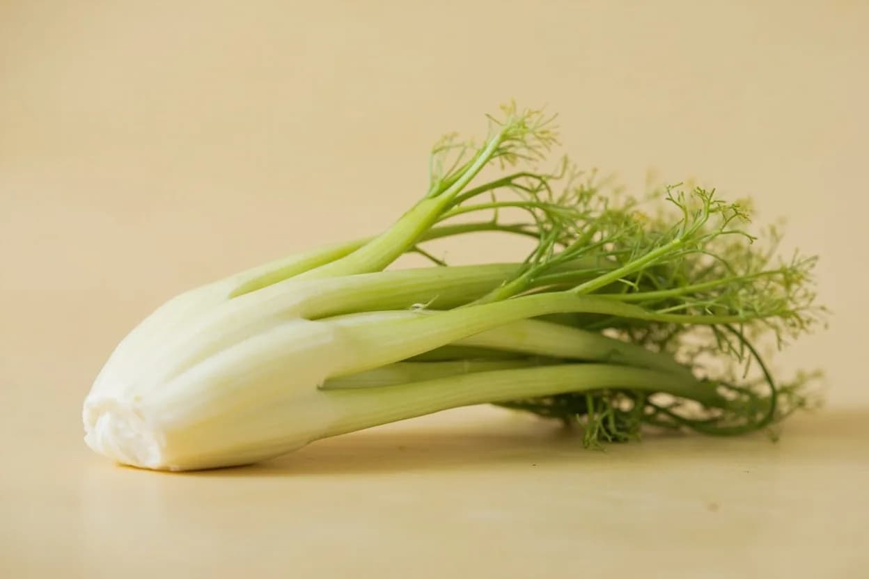 Fennel in its natural form. Fennel (Foeniculum vulgare var. Tasting profile: anise-sweet anethole, vegetal freshness (raw), caramel sweetness (cooked), mild celery-like depth.