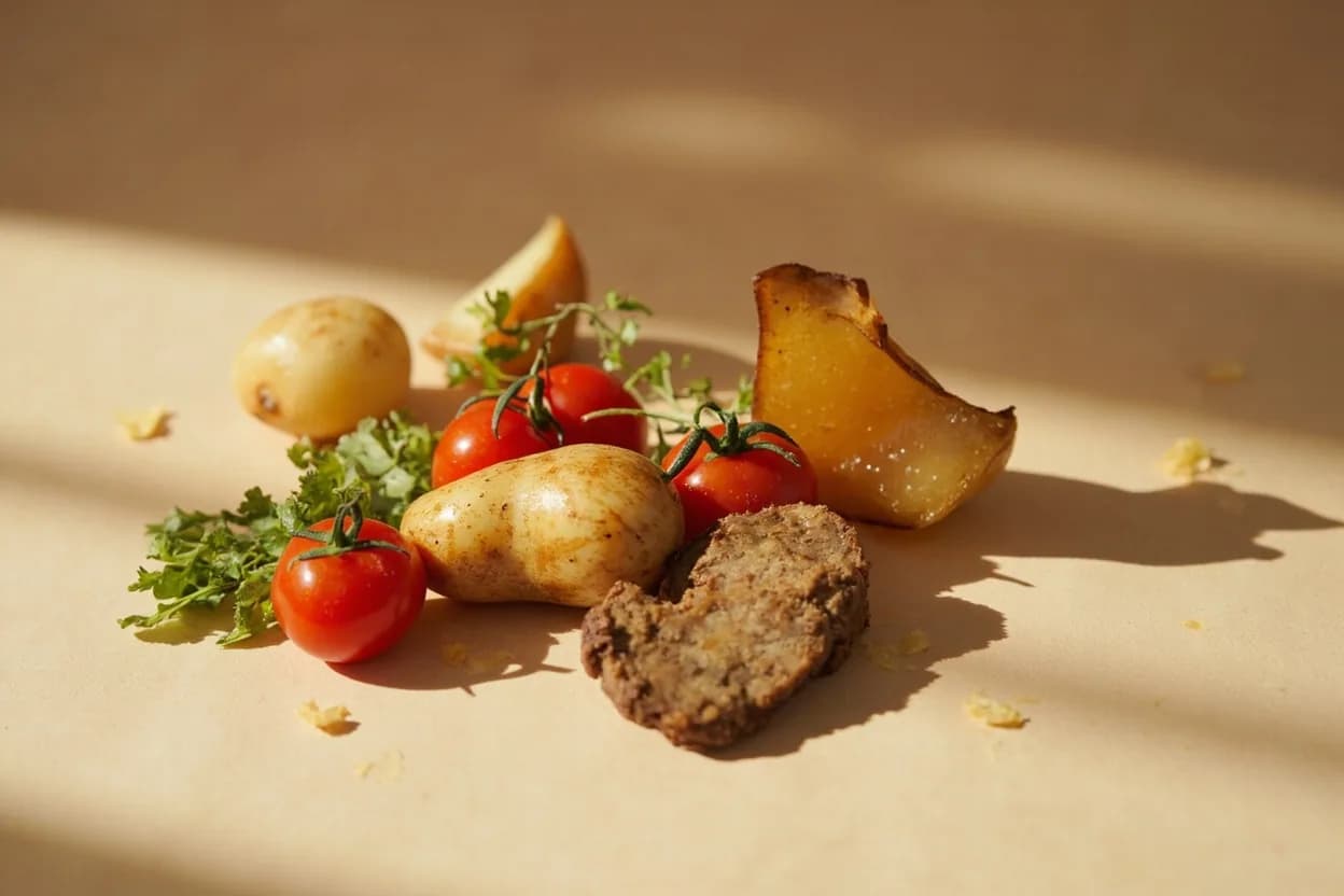 Fenugreek paired with Potatoes (North Indian) — the canonical affinity made visible. The bitterness of fenugreek contrasts with potato's starchy neutrality; aloo methi is one of North India's most beloved dry-fried dishes, the seeds or fresh leaves crisped in mustard oil.