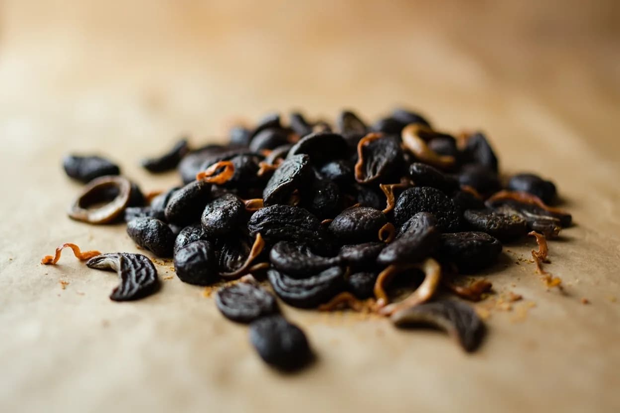 Fermented Black Bean (Douchi) in its natural form. Douchi are black soybeans (or occasionally yellow soybeans) that have been cooked, inoculated with mould (Aspergillus or Mucor), then salted and dried or packed for months or years. Tasting profile: deep glutamate umami (free amino acids from fermentation), salty earthiness, meaty, savory funk, slight bitter edge from soybean skin.