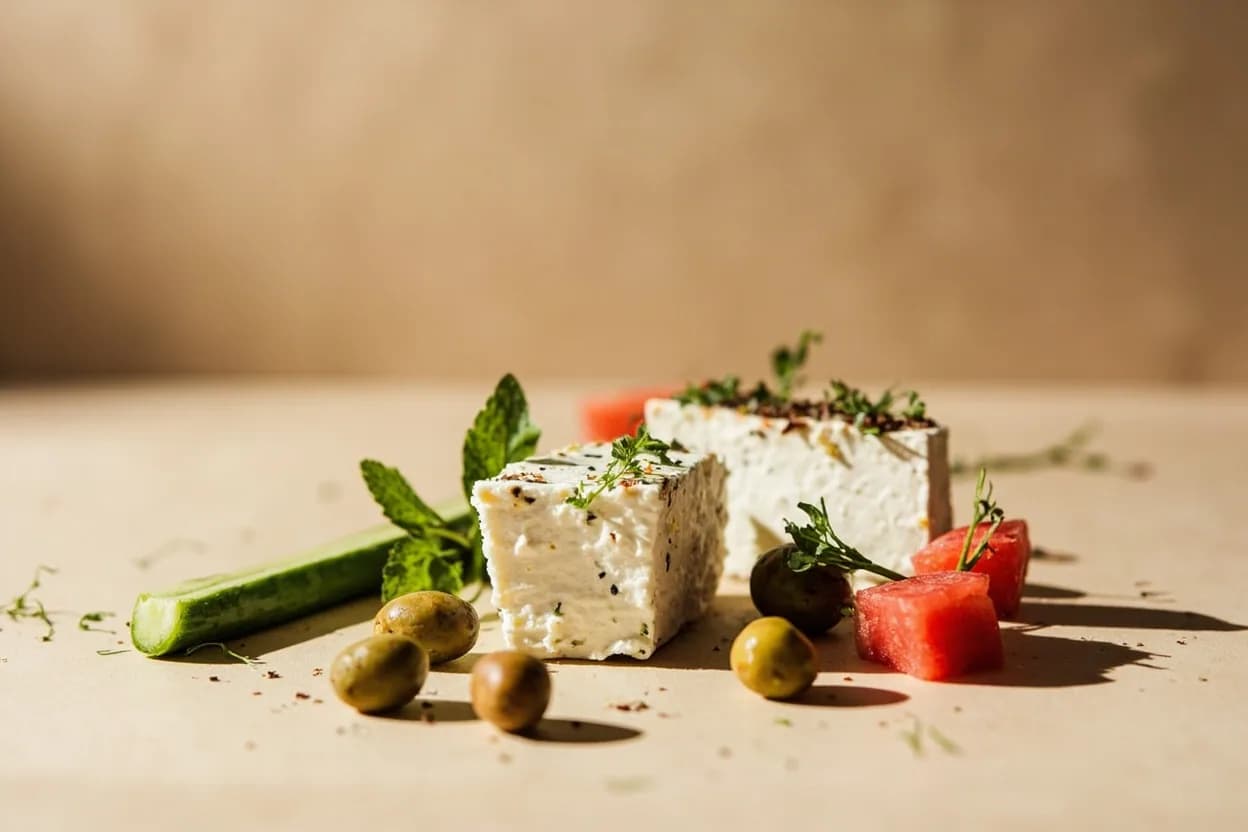 Feta paired with Cucumber (Greek) — the canonical affinity made visible. The water content and mild vegetal freshness of cucumber dilutes and resets feta's salt between bites; together they define the core of a Greek village salad.
