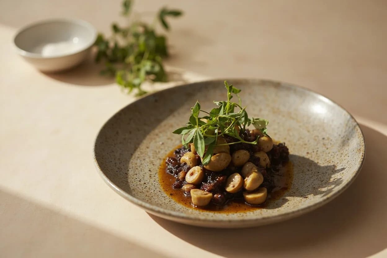 Gaeta Olive in its element — Pasta all'puttanesca. Adventurous crossover: Dark grape must (vincotto) — Gaeta's dried-fruit undertone is amplified by vincotto's concentrated grape sweetness; a few olives draped with a thread of vincotto make a startling antipasto..