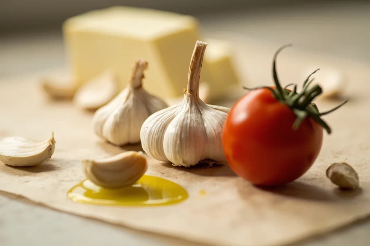 Garlic paired with Olive oil (Italian / Spanish / Provençal) — the canonical affinity made visible. The foundational pairing of Mediterranean cooking: soffritto, aglio e olio, aioli, alioli.