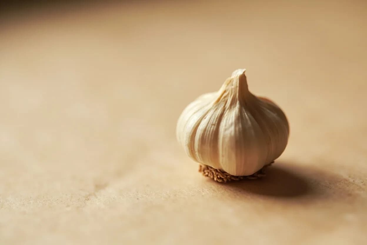 Garlic in its natural form. Garlic is a bulbous allium whose flavor changes radically with preparation. Tasting profile: allicin (raw: sharp, sulfurous, pungent), diallyl disulfide (cooked: savory, rounded), ajoene (fat-soluble, softening compound), Maillard sweetness when roasted or caramelized.
