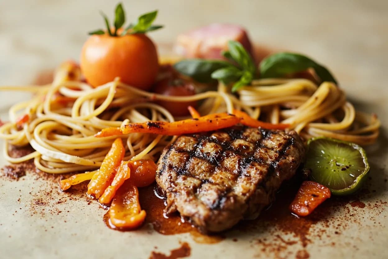 Garum paired with Pasta (Italian) — the canonical affinity made visible. A few drops of colatura di alici stirred into spaghetti aglio e olio at the finish replaces salt and adds incomparable depth — the canonical Neapolitan application.