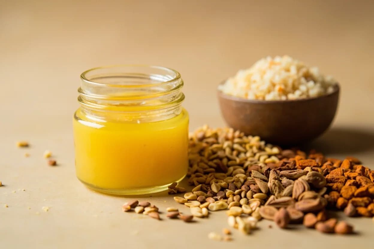 Ghee paired with Basmati rice (in biryani) (Indian (Mughal)) — the canonical affinity made visible. Ghee drizzled into layered biryani during dum cooking perfumes each grain; its high smoke point prevents burning while the nutty fat absorbs saffron and spice volatiles.