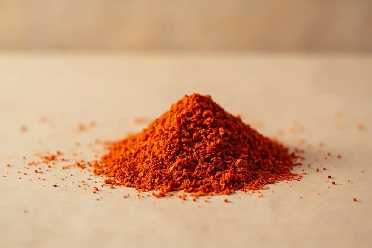 Gochugaru in its natural form. Gochugaru is the coarsely ground dried Korean red pepper (Capsicum annuum) that is foundational to Korean cuisine. Tasting profile: fruity dried pepper sweetness, mild smokiness, moderate warming heat, subtle earthiness.