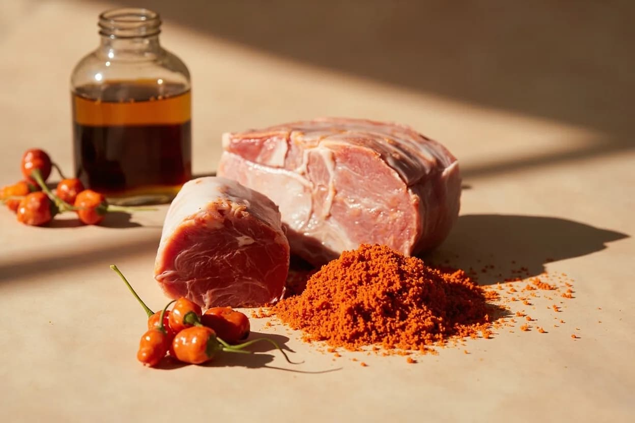Gochujang paired with Pork (belly, shoulder, or ground) (Korean) — the canonical affinity made visible. The canonical partner — pork's fat dissolves gochujang's heat while the paste's sweetness glazes and caramelizes perfectly; bibimbap pork, dakgalbi, and dwaeji bulgogi all depend on this pairing.