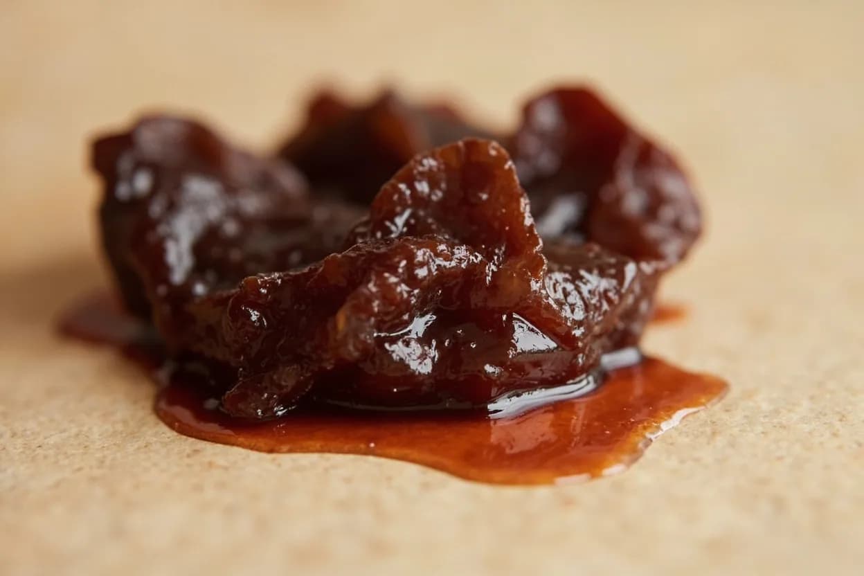 Grape Molasses (Dibs Enab) in its natural form. Dibs enab is a thick, dark syrup made by slow-reducing fresh grape juice until it reaches a deep, concentrated molasses-like consistency, typically around 70–75° Brix. Tasting profile: concentrated grape sweetness (fructose-forward), raisin and dried fig depth, gentle tartaric acid tang, light tannin grip from grape skins.