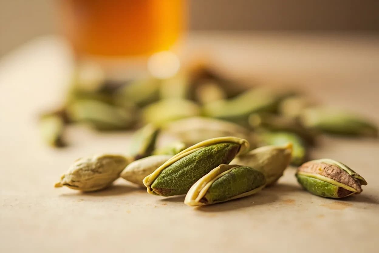 Green Cardamom paired with Chai (spiced tea) (Indian) — the canonical affinity made visible. Green cardamom is the aromatic spine of masala chai — its floral-citrus warmth marries with ginger's heat, cinnamon's sweetness, and black tea's tannins to create the canonical Indian spiced tea.