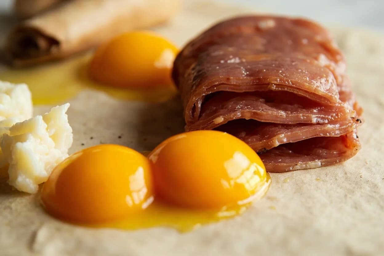 Guanciale paired with Egg yolks (Roman) — the canonical affinity made visible. In carbonara, the rendered guanciale fat emulsifies with egg yolks and Pecorino to coat the pasta; the lecithin in the yolks binds the sauce while the pork flavour saturates every strand.