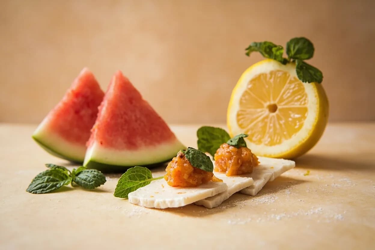 Halloumi paired with Watermelon (Cypriot) — the canonical affinity made visible. Pure sucrose sweetness and water-freshness from watermelon are the ideal shock-absorber for halloumi's salt; the contrast is a Cypriot summer fixture and a visually dramatic plate.
