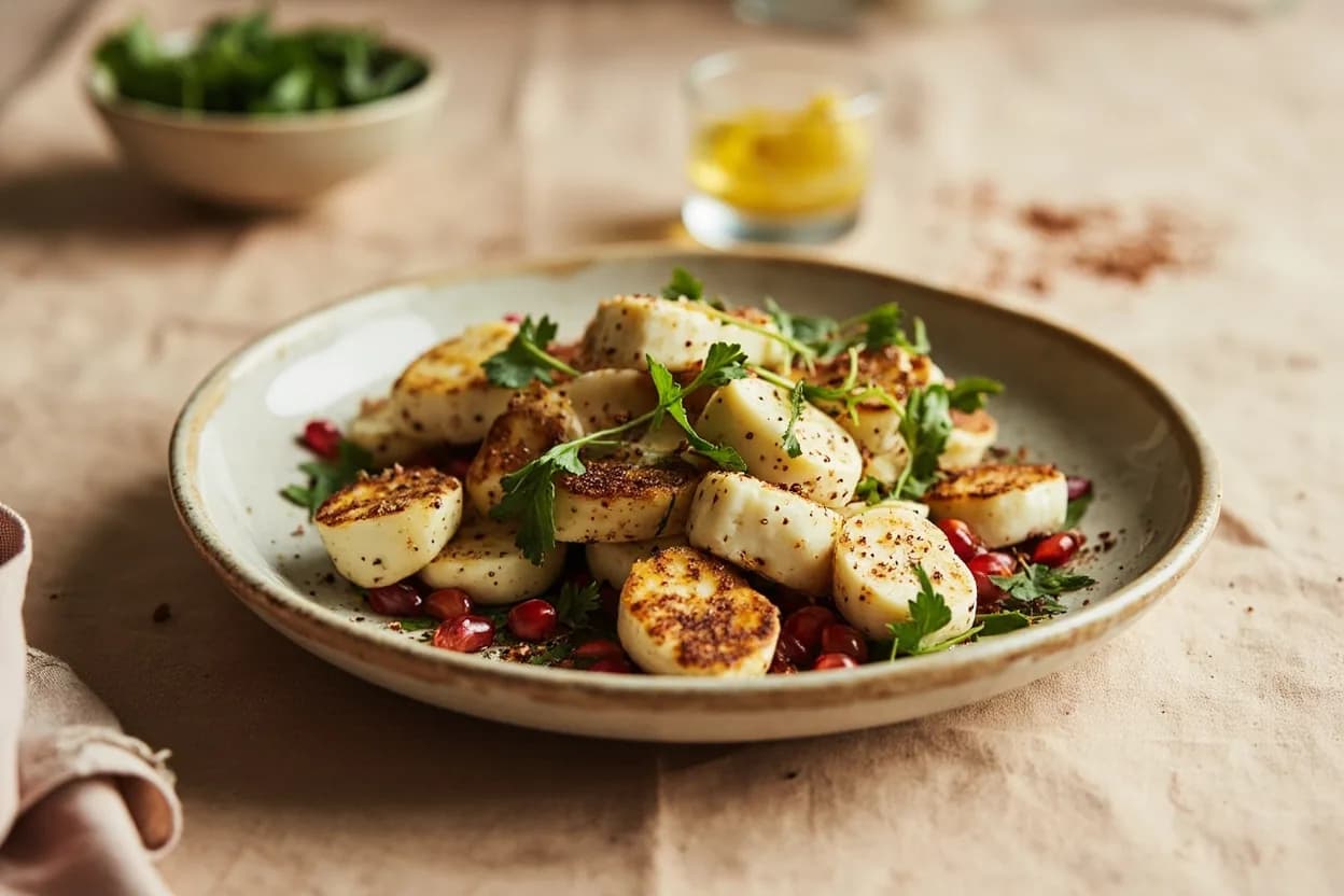 Halloumi in its element — Halloumi and watermelon salad. Adventurous crossover: Pomegranate seeds and sumac — Tart, jewel-bright pomegranate seeds and acidic sumac attack halloumi's salt from multiple directions; the visual contrast on a white platter makes the dish feel celebratory..