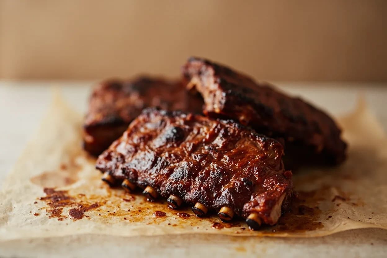Hickory Smoke paired with Pork spare ribs (American Southern BBQ) — the canonical affinity made visible. The definitive pairing: high fat content in ribs absorbs and mellows hickory's intensity, yielding the classic BBQ bark.