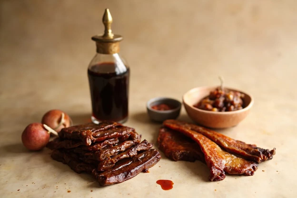 Hoisin Sauce paired with Roast duck (Cantonese / Beijing) — the canonical affinity made visible. The canonical pairing: hoisin's sweetness cuts duck fat while its fermented depth echoes the bird's gaminess.