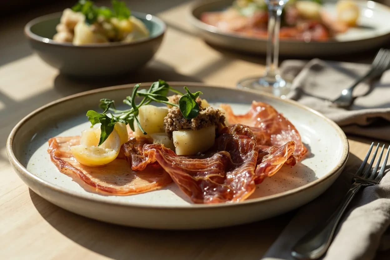 Jamón Ibérico in its element — Tabla de ibéricos (Spanish charcuterie board). Adventurous crossover: Truffle (black Périgord or white Alba) — Luxury on luxury: the earthiness and aromatic depth of truffle meets jamón's fermented umami..