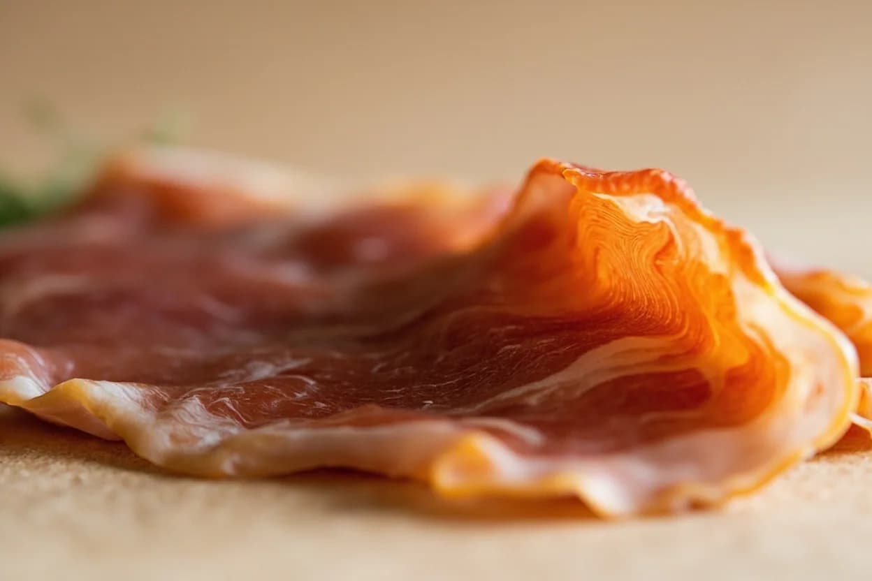 Jamón Ibérico in its natural form. Jamón Ibérico is dry-cured ham from the Iberian pig (cerdo ibérico), a semi-wild breed with dark hooves (hence pata negra) raised in the dehesa — the oak savannah of western Spain and Portugal. Tasting profile: acorn nuttiness — roasted, sweet, and persistent, body-temperature-melting intramuscular fat — silky, coating, long fermented umami depth from two to four years of curing, mineral, almost metallic finish.