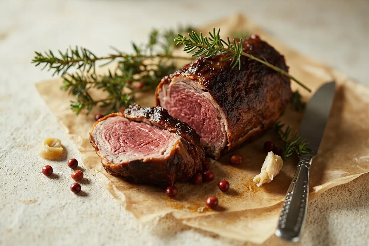 Juniper Berry paired with Venison (Scandinavian / German) — the canonical affinity made visible. Juniper's tartness cuts the iron-rich gaminess of venison; a traditional Scandinavian and German pairing in braises and marinades.