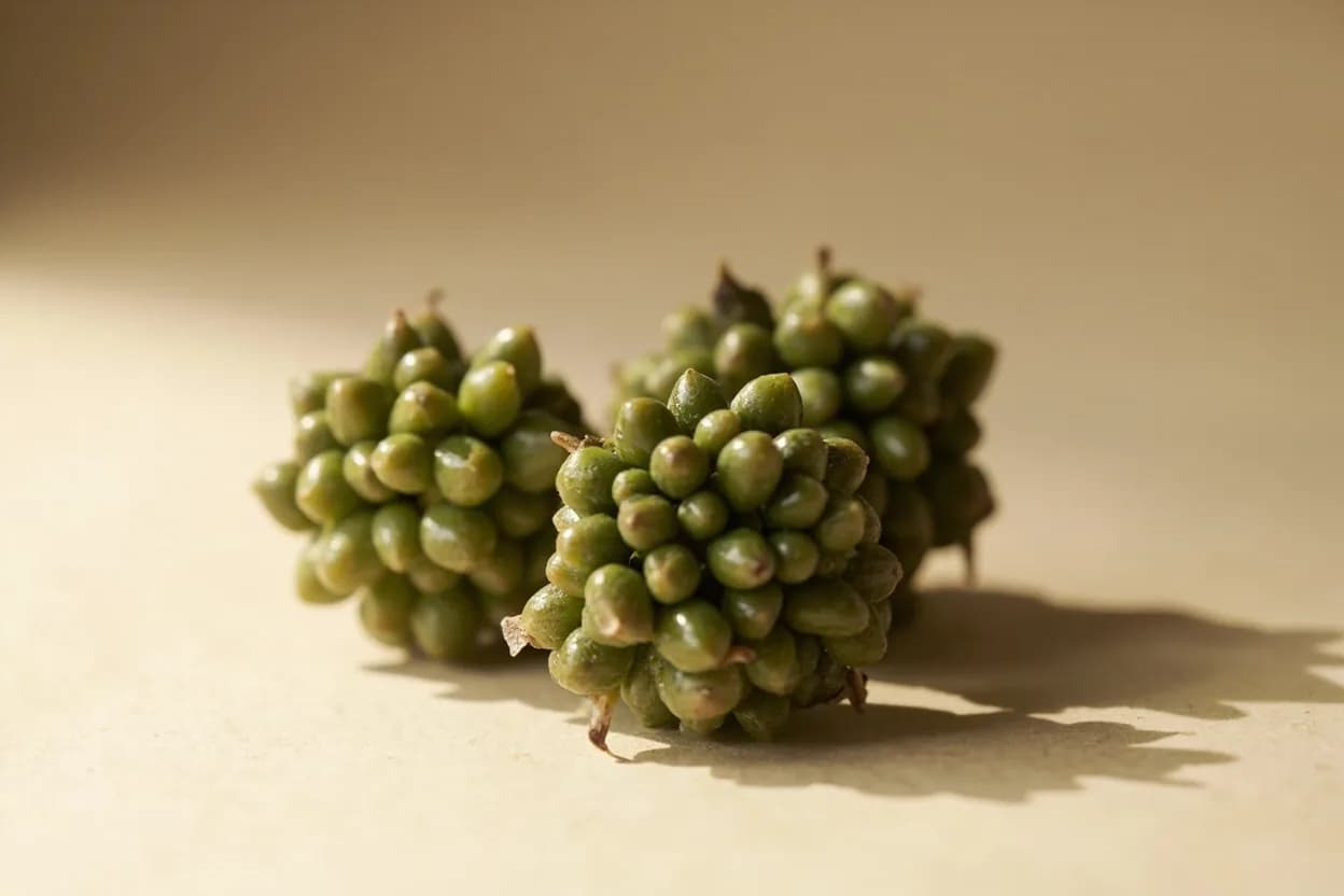 Juniper Berry in its natural form. Juniper berries are the seed cones of Juniperus communis, harvested when dark blue-purple and dried to concentrate their oils. Tasting profile: resinous pine (alpha-pinene), dry citrus zest (limonene), camphor-like bitterness, floral high note (terpinene-4-ol).