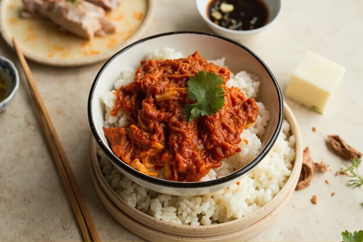 Kimchi paired with Steamed white rice (bap) (Korean) — the canonical affinity made visible. The simplest and most essential pairing — the neutral starch absorbs the bright acid and heat, and the brine doubles as sauce for plain rice.