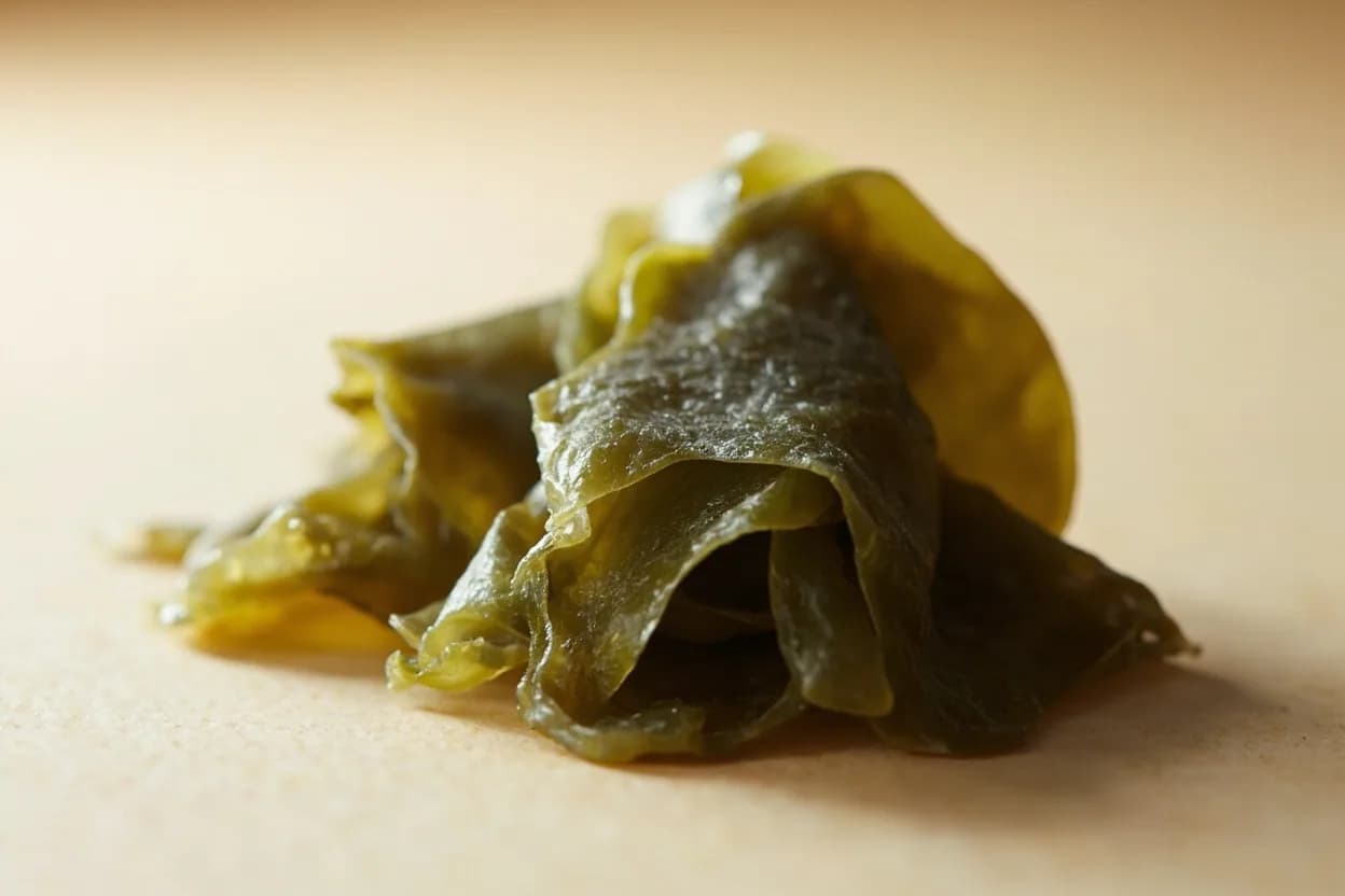 Kombu in its natural form. Kombu is large dried kelp, principally Saccharina japonica, harvested from cold-water coasts of Hokkaido, Japan, and the Korean peninsula. Tasting profile: pure, clean umami (free glutamate), subtle oceanic mineral salinity, faint sweetness (mannitol), gentle vegetal / green-kelp note.