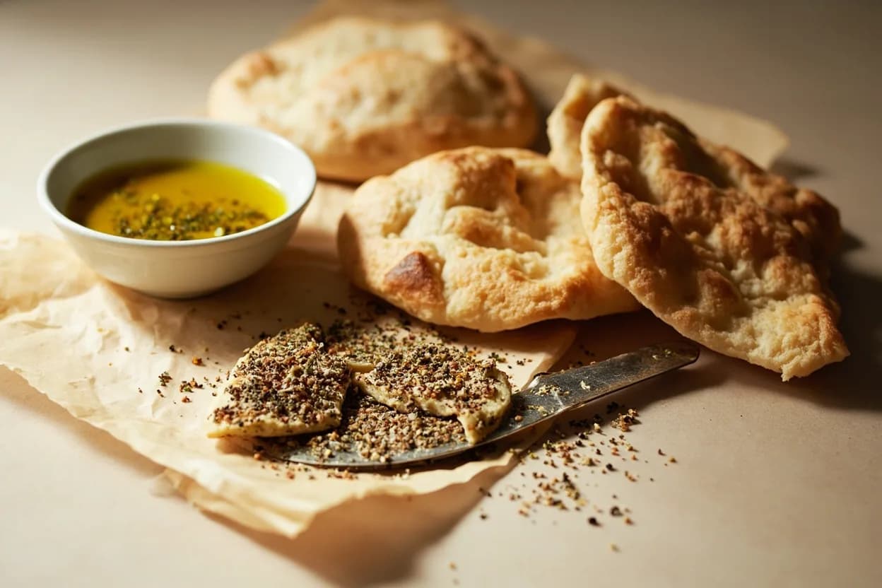 Labneh paired with Za'atar (Levantine) — the canonical affinity made visible. The Levantine spice blend of dried thyme, sumac, sesame, and salt is labneh's canonical partner — the herbal bitterness, sesame nuttiness, and sumac tartness all interact productively with the tangy dairy.