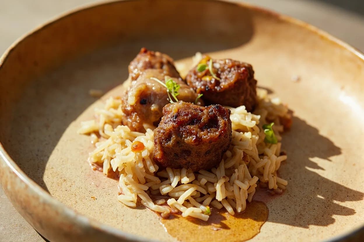 Lamb Fat (Rendered) paired with Basmati rice (roz) (Levantine / Arabian) — the canonical affinity made visible. Lamb fat is the traditional cooking medium for Levantine and Gulf rice pilaf — it coats each grain and imparts the grassy, gamey depth that defines mansaf, kabsa, and similar rice dishes.