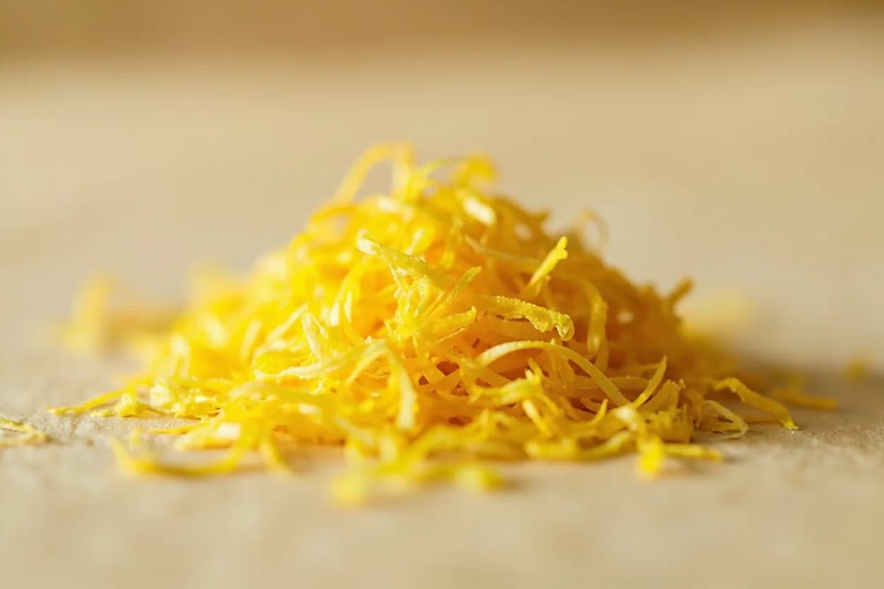Lemon Zest in its natural form. Lemon zest is the colored outer layer of the lemon peel, removed with a microplane or zester to capture the essential oil-laden cells while avoiding the bitter white pith beneath. Tasting profile: intense citrus-floral aroma (limonene dominant), bright, aldehydic lemon character (citral), faint resinous, pine-like undertone (pinene), mild sweet floral note (linalool).