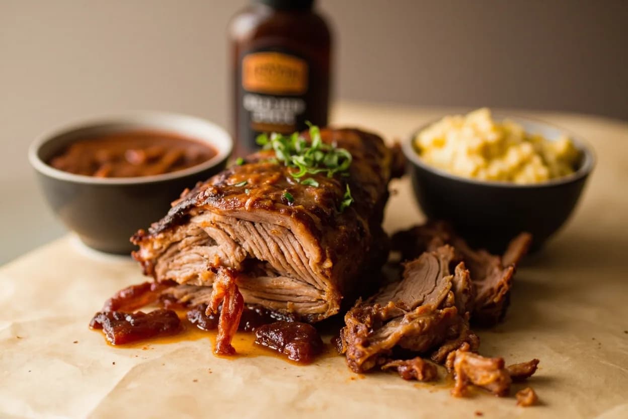 Liquid Smoke paired with Pulled pork (oven-braised) (American BBQ) — the canonical affinity made visible. A teaspoon of liquid smoke in the braising liquid replicates slow-smoked pork shoulder character in an indoor Dutch-oven braise — the cornerstone of pantry-BBQ cooking.