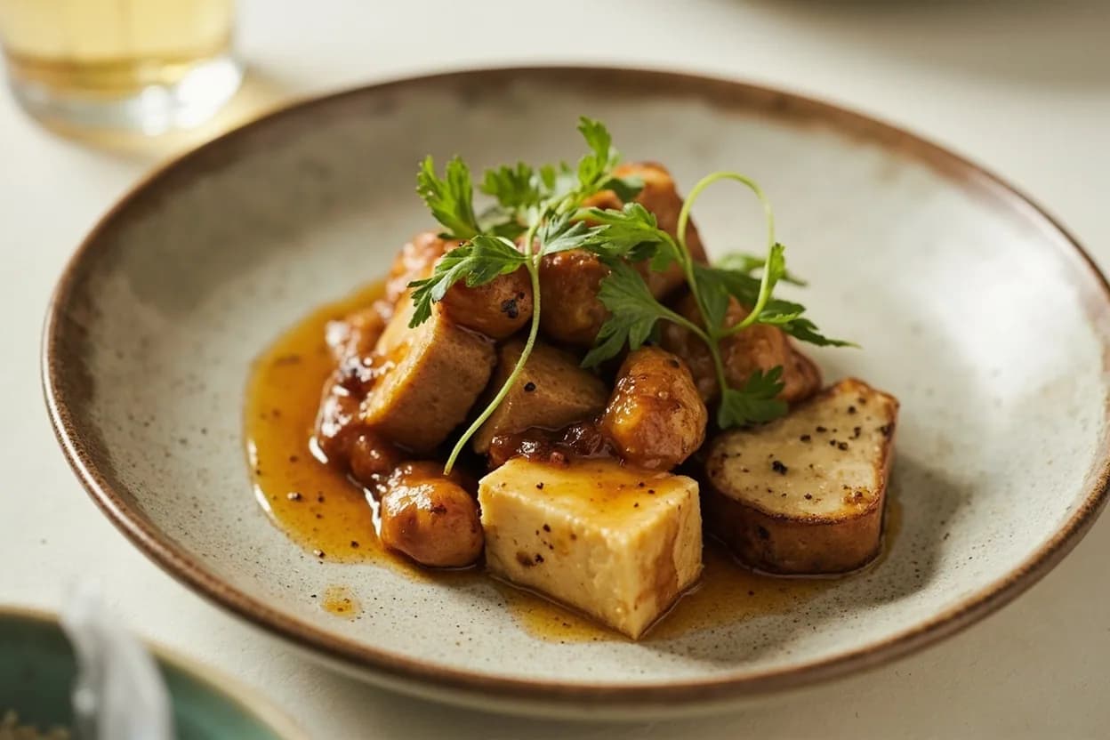 Liquid Smoke in its element — American pantry-style BBQ ribs. Adventurous crossover: Smoked tofu or tempeh — Liquid smoke is transformative for plant-based proteins — marinating tofu in smoke, tamari, and maple syrup overnight creates genuinely smoky BBQ texture after baking or grilling..