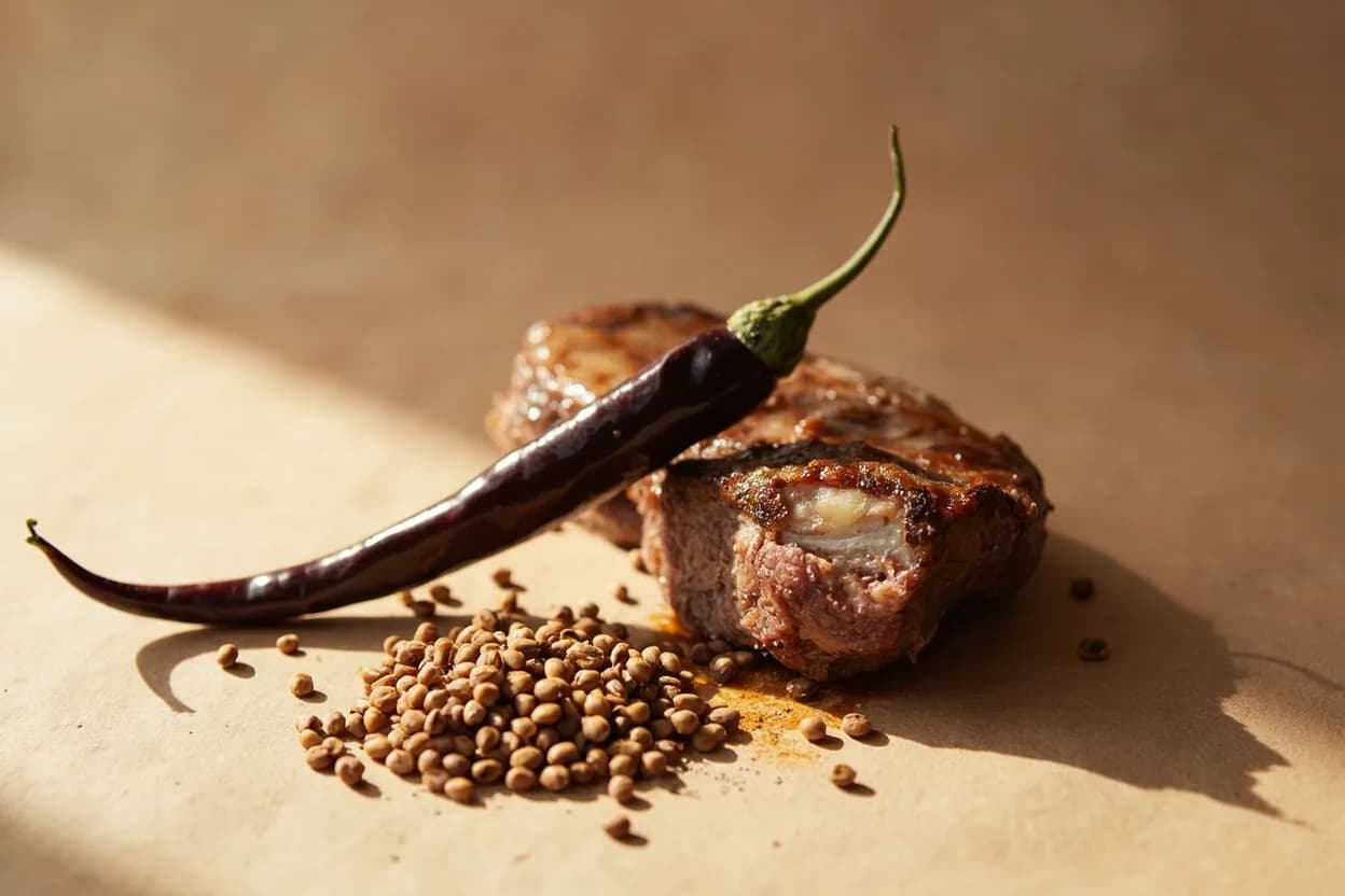 Long Pepper paired with Lamb (North African / Roman historical) — the canonical affinity made visible. Long pepper's resinous warmth cuts through lamb's fat while its sweetness complements the meat's gaminess — a pairing documented in Roman cookery and still used in North African mechoui.