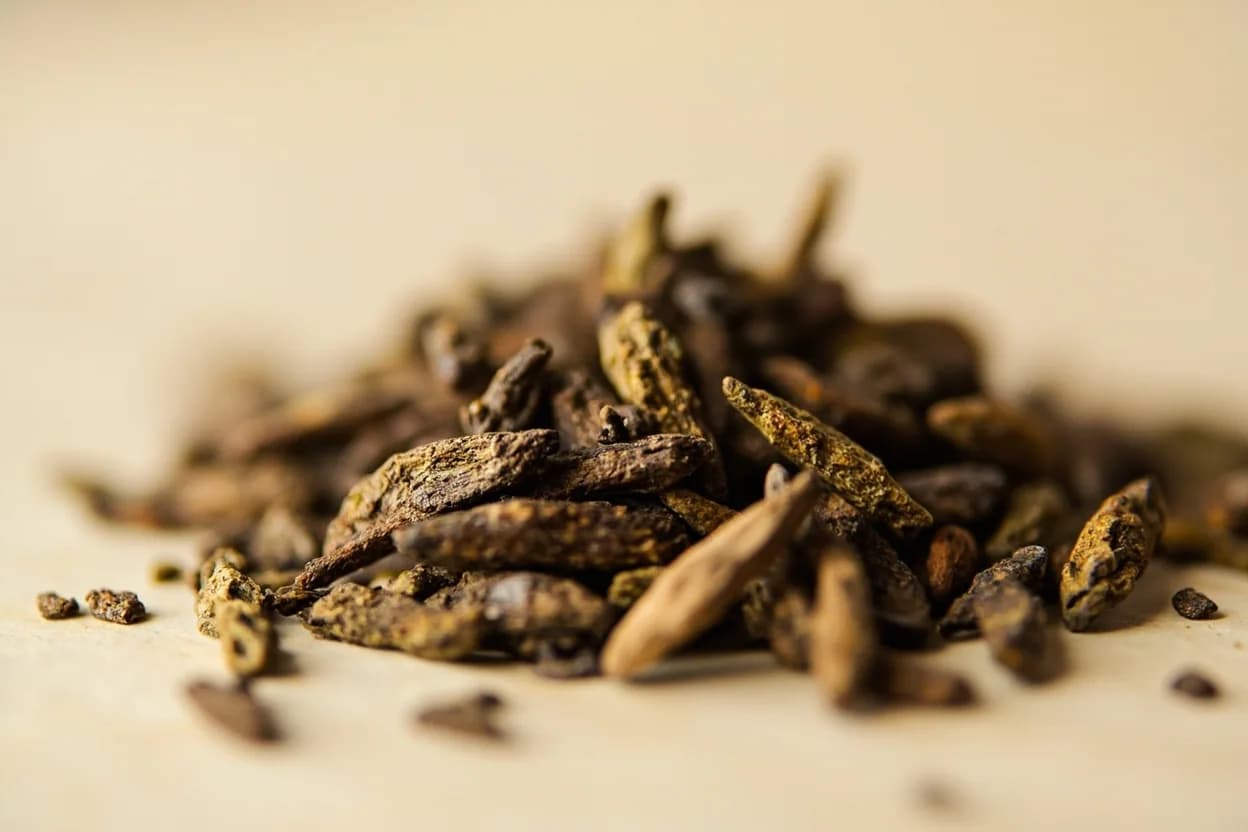 Long Pepper in its natural form. Long pepper (Piper longum) is a flowering vine whose cylindrical catkin-like fruits are dried and used whole or ground. Tasting profile: slow-building, penetrating heat (piperine + chavicine), earthy resinous warmth, sweet cinnamon-like undertone, ginger-adjacent spice.
