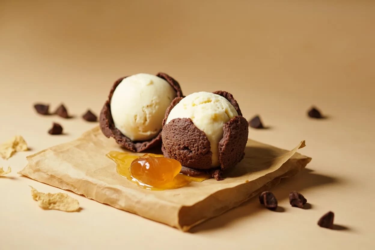 Lúcuma paired with Vanilla ice cream / crema (Peruvian) — the canonical affinity made visible. Lúcuma's caramel-maple notes meld seamlessly with vanilla dairy — helado de lúcuma is Peru's most beloved ice cream flavor.