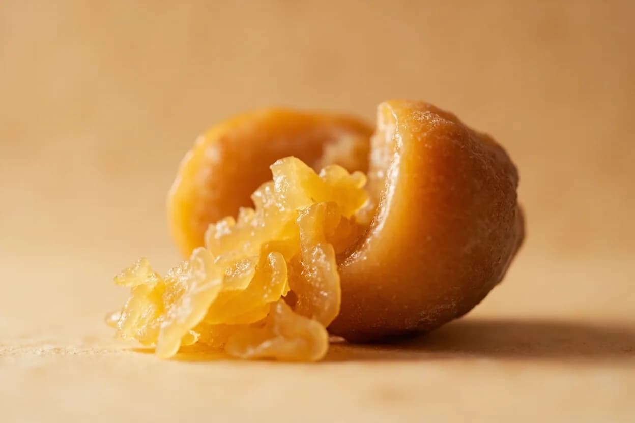 Lúcuma in its natural form. Lúcuma (Pouteria lucuma) is a subtropical Andean fruit native to the valleys of Peru, Ecuador, and Chile, cultivated since pre-Columbian times. Tasting profile: deep caramel and butterscotch sweetness, maple syrup warmth, toasted nut undertone (cashew-adjacent), mild starchy base note (like sweet potato).