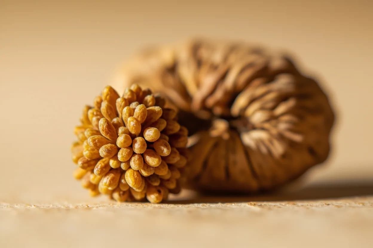 Mace in its natural form. Mace is the dried lacy aril (the net-like membrane) that encases the hard shell surrounding the nutmeg seed (Myristica fragrans). Tasting profile: warm, rounded spice warmth (myristicin, eugenol), floral, slightly peppery note — more delicate than nutmeg, hint of clove without clove's medicinal sharpness, subtle citrus-peel brightness on the nose.
