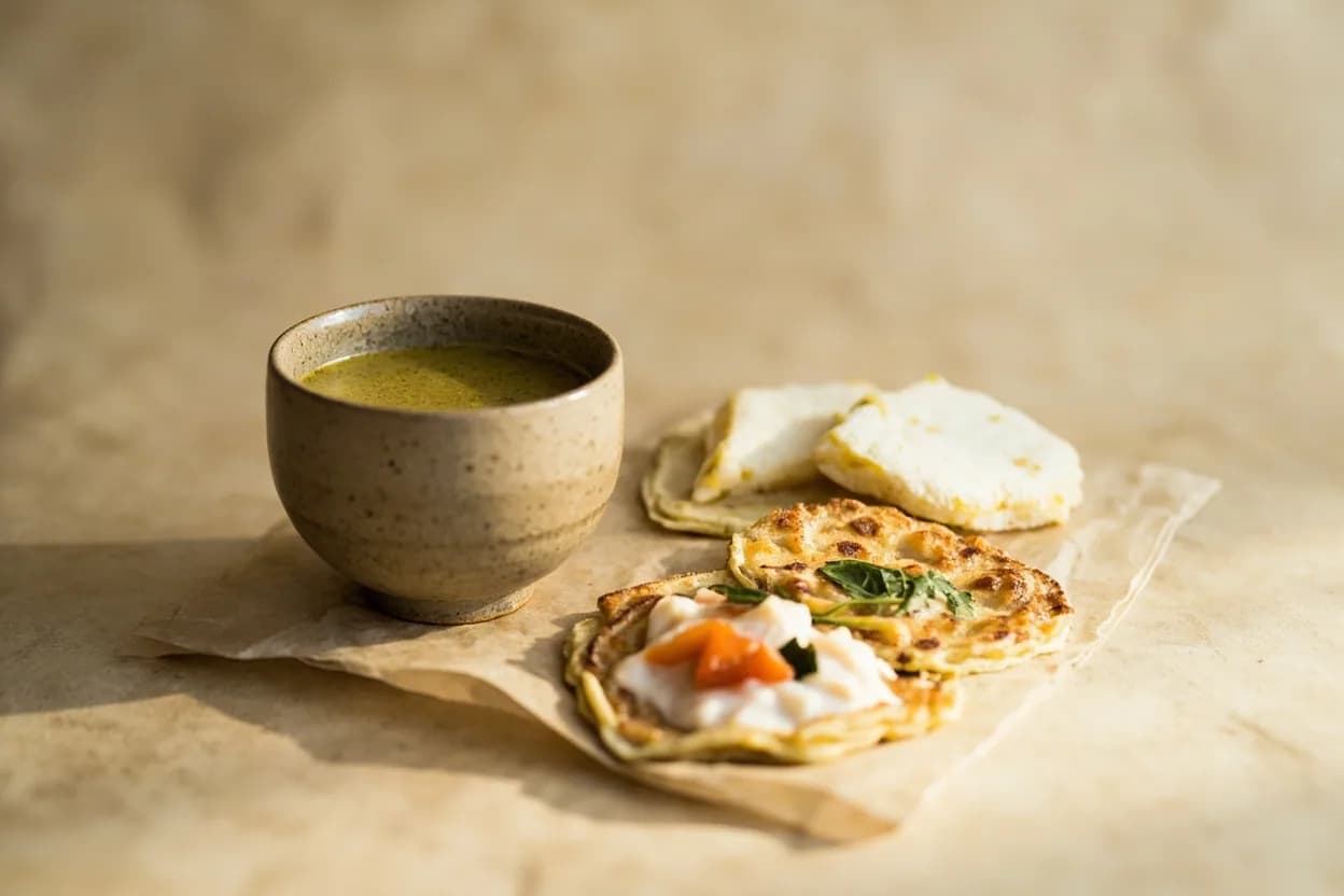 Makgeolli paired with Pajeon (scallion pancake) (Korean) — the canonical affinity made visible. Pajeon and makgeolli are inseparable in Korean culture — the crisp-edged savory pancake's saltiness calls for makgeolli's slight sweetness and effervescence to cleanse between bites.